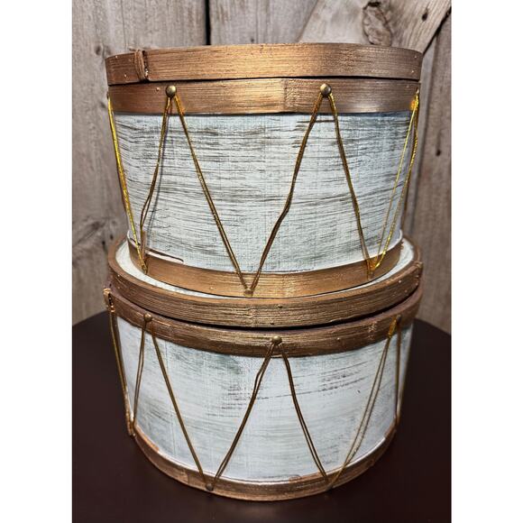 Set of 2 Wooden Nesting Drum Box Baskets Distressed White With Gold Trim Lids - Picture 1 of 11